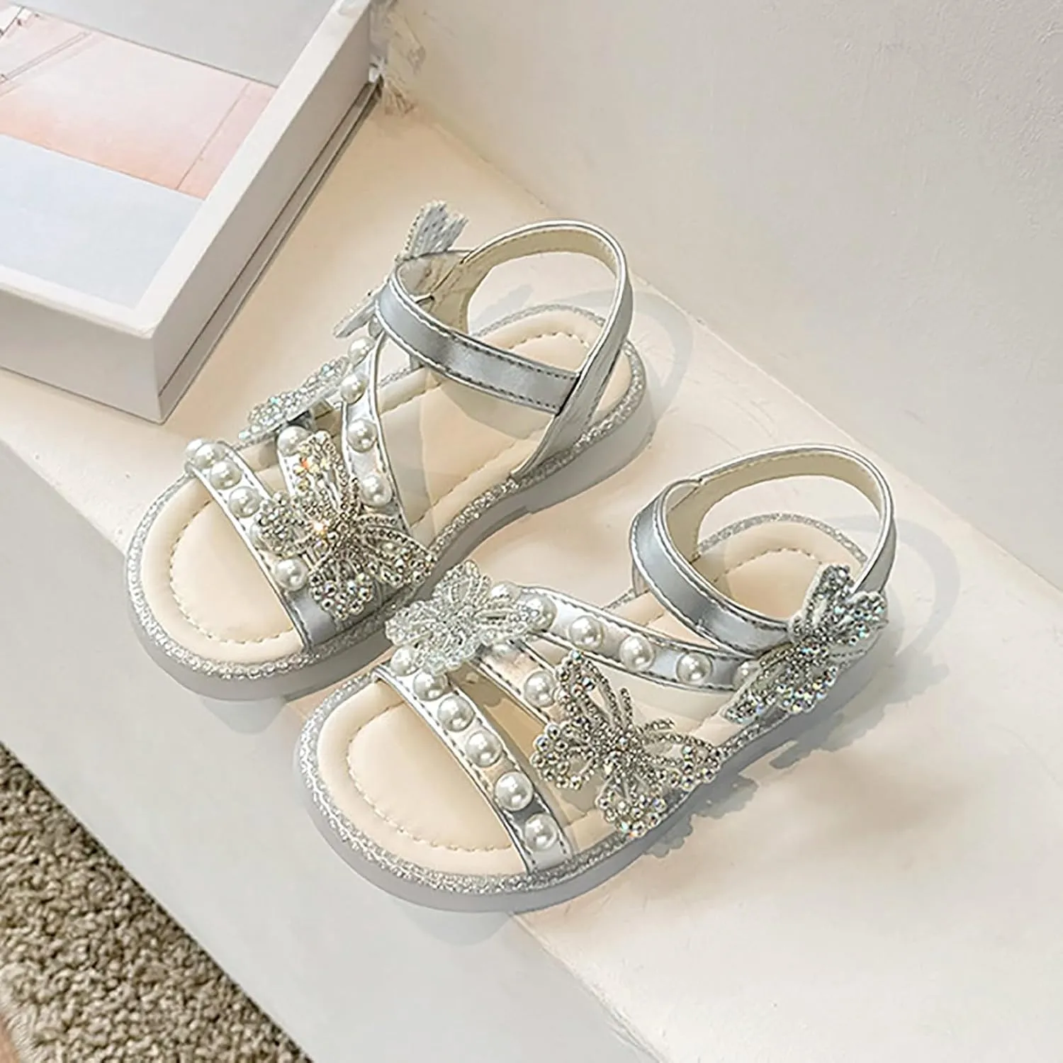 Girls T-Strap Beaded Flower Rhinestone Flats Sandals Cute Butterfly Dress Shoes Pearl Boot Slippers for Girls