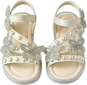 Girls T-Strap Beaded Flower Rhinestone Flats Sandals Cute Butterfly Dress Shoes Pearl Boot Slippers for Girls