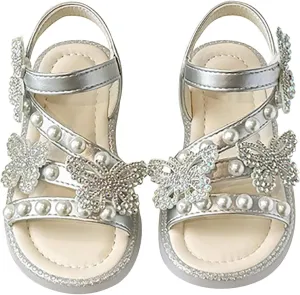 Girls T-Strap Beaded Flower Rhinestone Flats Sandals Cute Butterfly Dress Shoes Pearl Boot Slippers for Girls