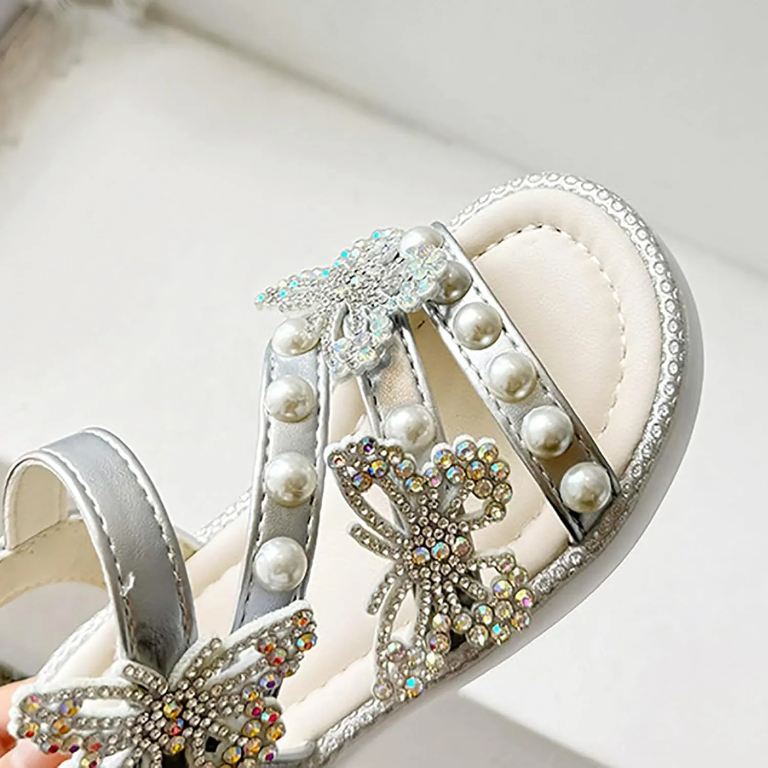 Girls T-Strap Beaded Flower Rhinestone Flats Sandals Cute Butterfly Dress Shoes Pearl Boot Slippers for Girls
