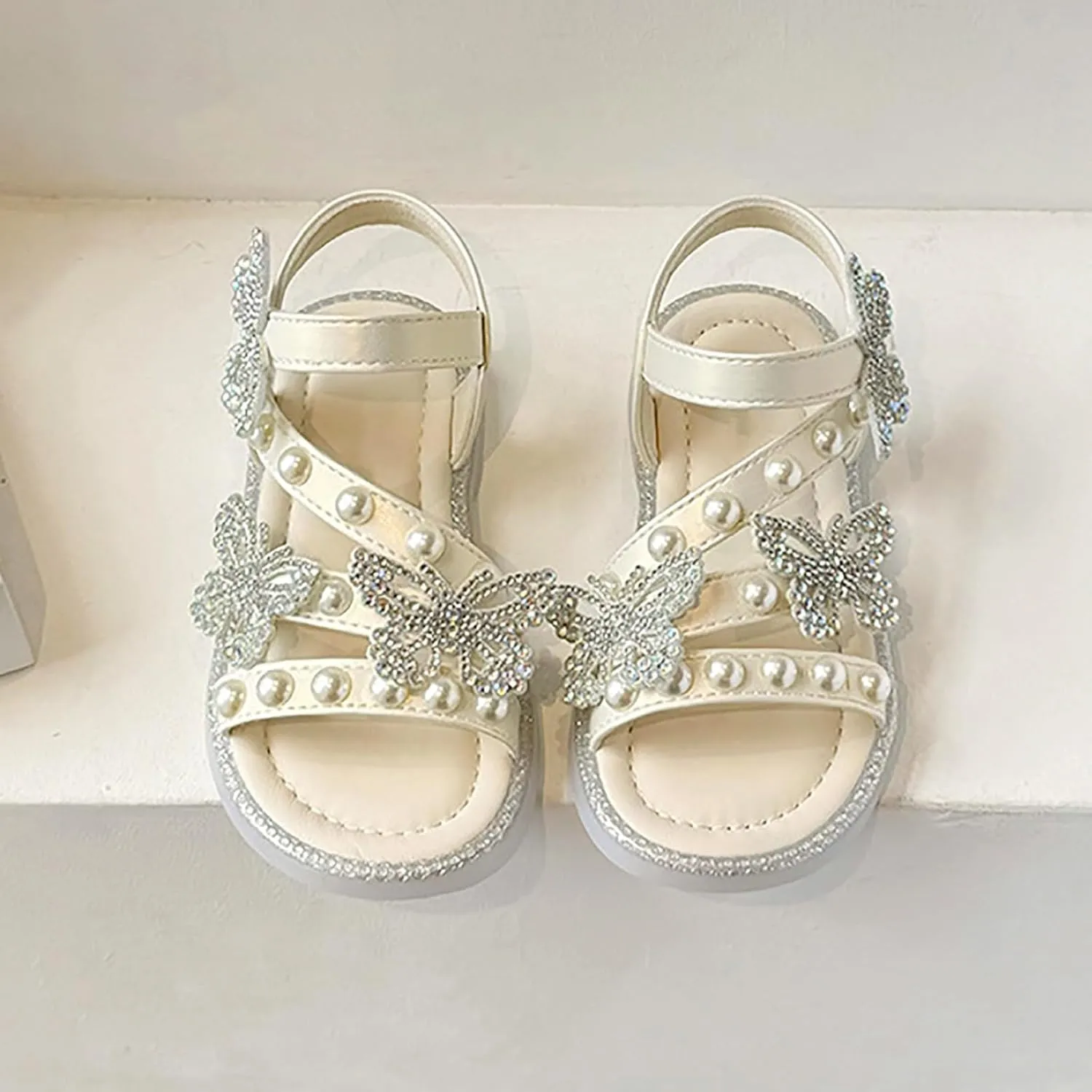 Girls T-Strap Beaded Flower Rhinestone Flats Sandals Cute Butterfly Dress Shoes Pearl Boot Slippers for Girls