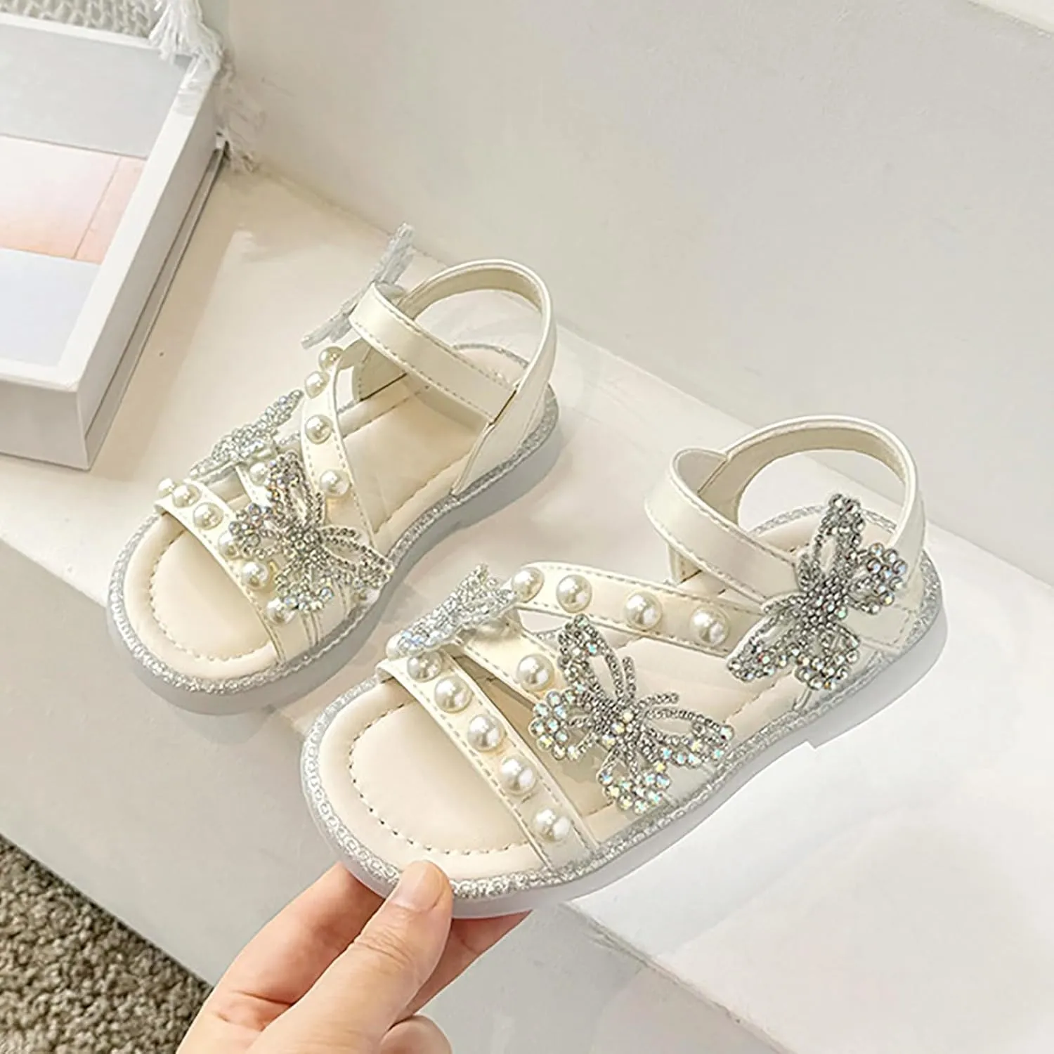 Girls T-Strap Beaded Flower Rhinestone Flats Sandals Cute Butterfly Dress Shoes Pearl Boot Slippers for Girls