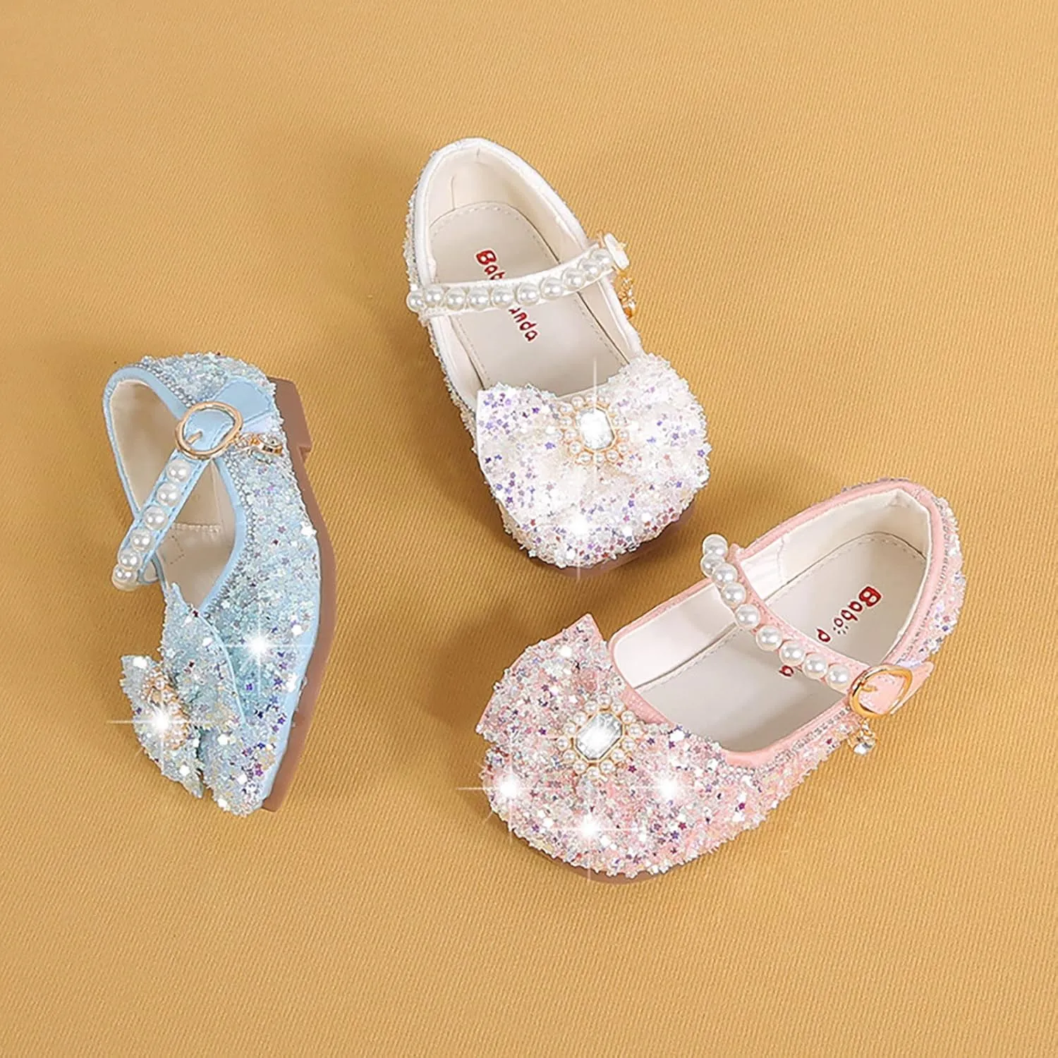 Glitter Dress Shoes Kids Flower Girls Mary Jane Bow Flats Bridesmaid Sequins Sandals Party Shoes for Toddler