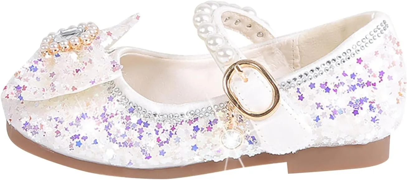 Glitter Dress Shoes Kids Flower Girls Mary Jane Bow Flats Bridesmaid Sequins Sandals Party Shoes for Toddler