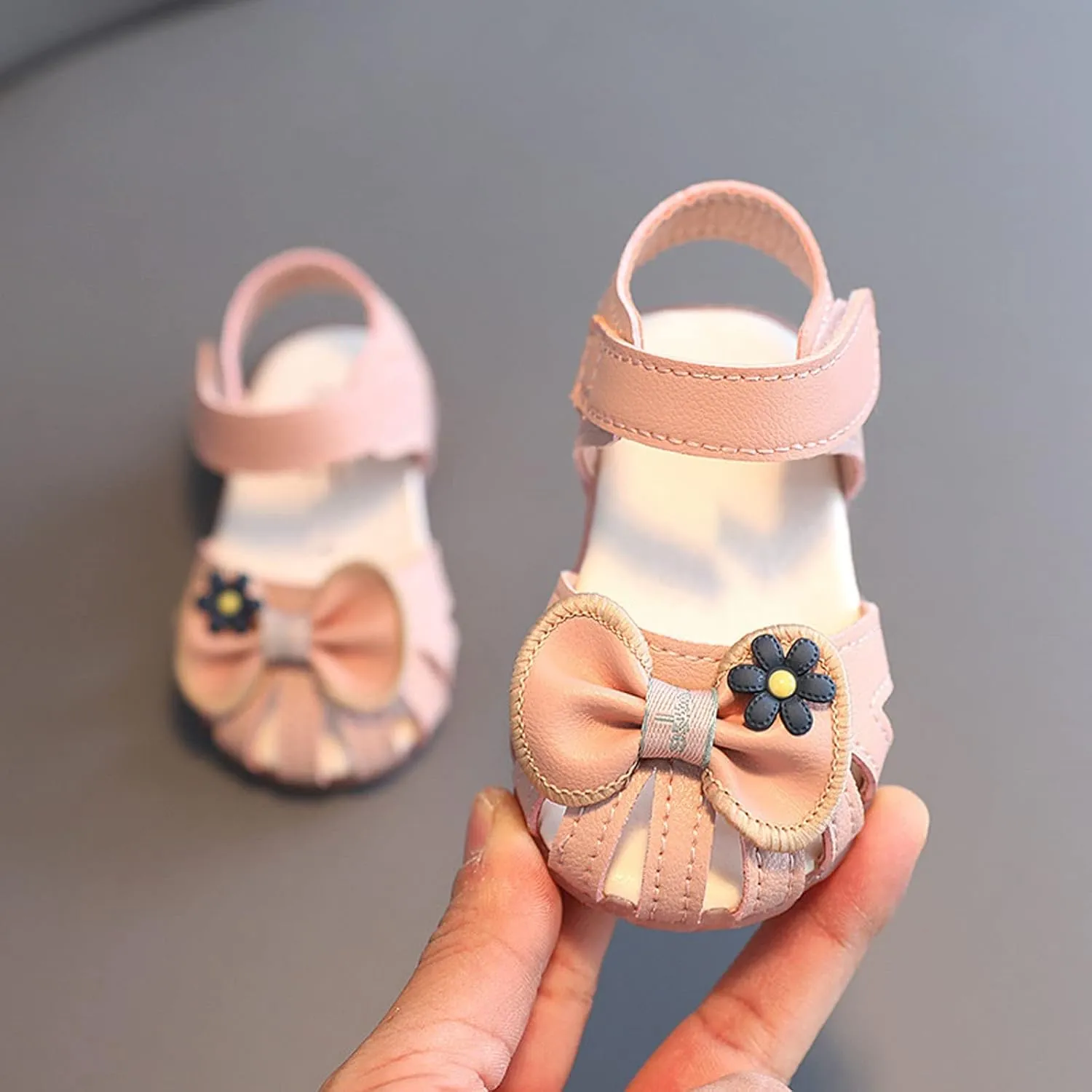 Infant Girls Closed Toe First Walking Sandals Baby Cute Bowknot Soft Sole Anti Slip Dress Sandals for Wedding