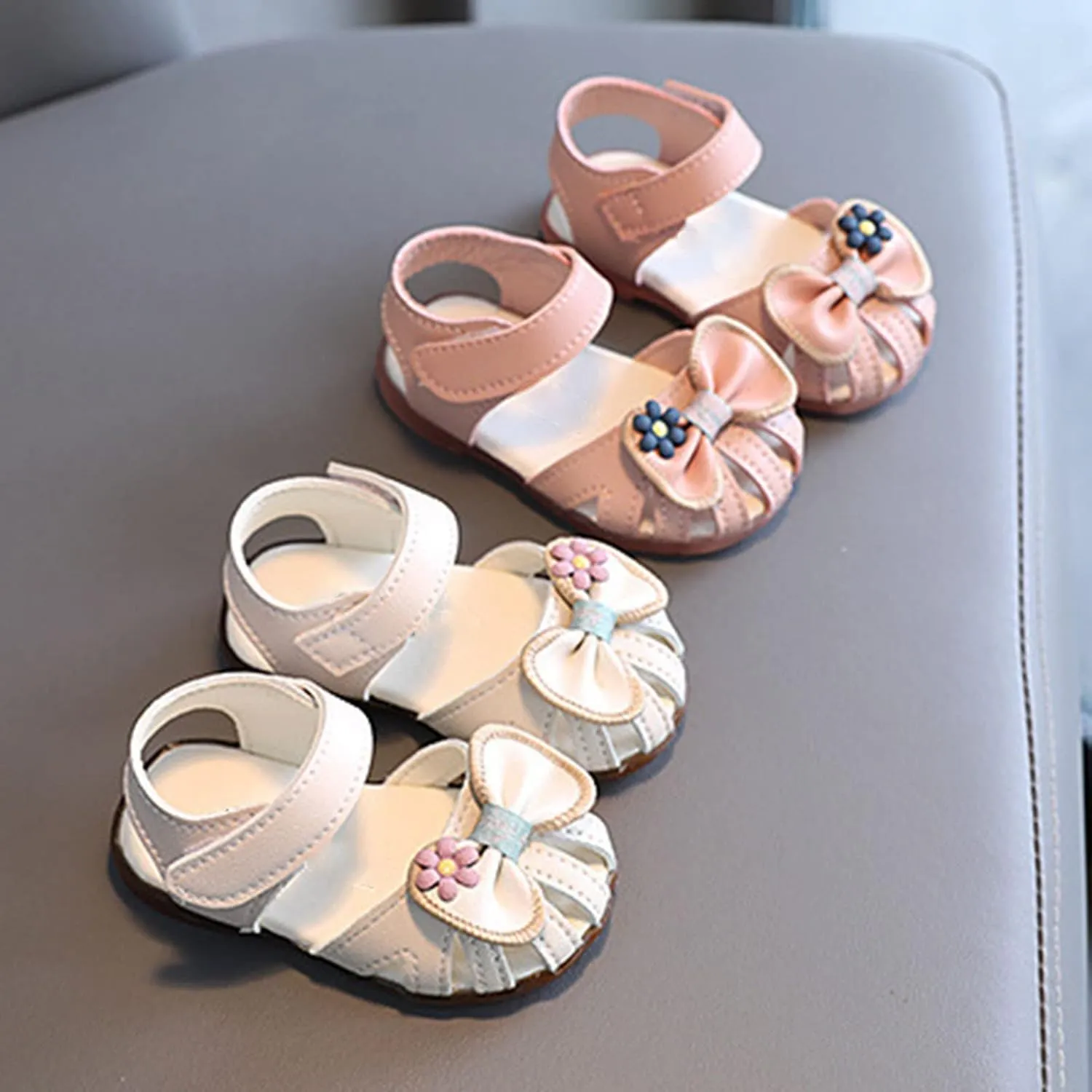 Infant Girls Closed Toe First Walking Sandals Baby Cute Bowknot Soft Sole Anti Slip Dress Sandals for Wedding