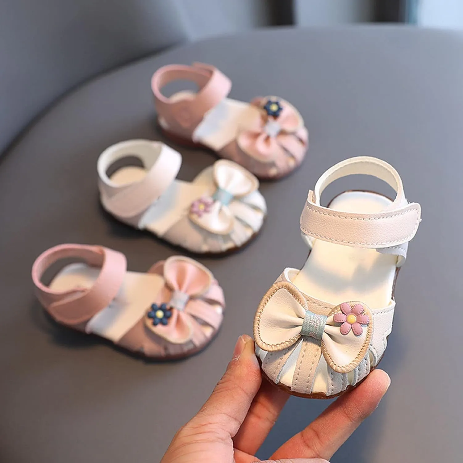 Infant Girls Closed Toe First Walking Sandals Baby Cute Bowknot Soft Sole Anti Slip Dress Sandals for Wedding