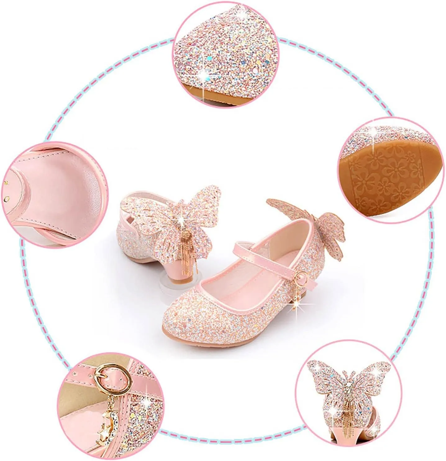 Kids Girls Sparkly Butterfly Mary Jane Wedding Party Shoes Glitter Bridesmaids Low Heels Soccer Slides Kids