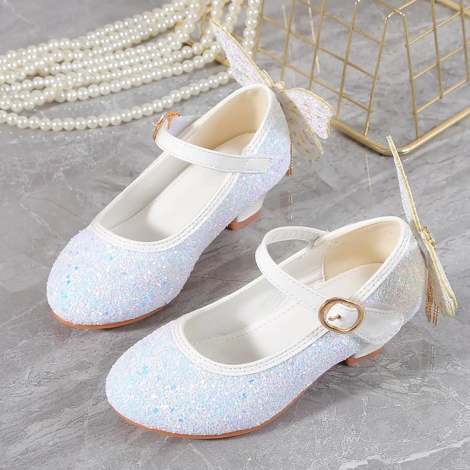 Kids Girls Sparkly Butterfly Mary Jane Wedding Party Shoes Glitter Bridesmaids Low Heels Soccer Slides Kids