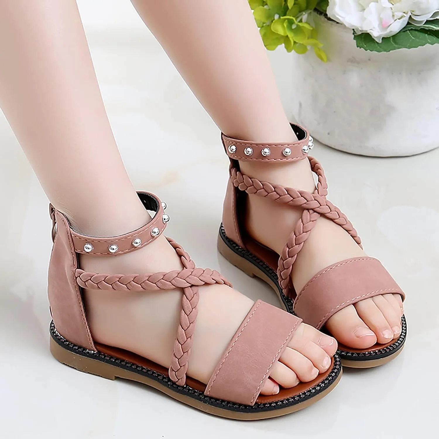 Kids Girls Vintage Roman Sandals Strappy High Top Soft Sole Beach Shoes Flat Open Toe Sandals Toddler Slippers