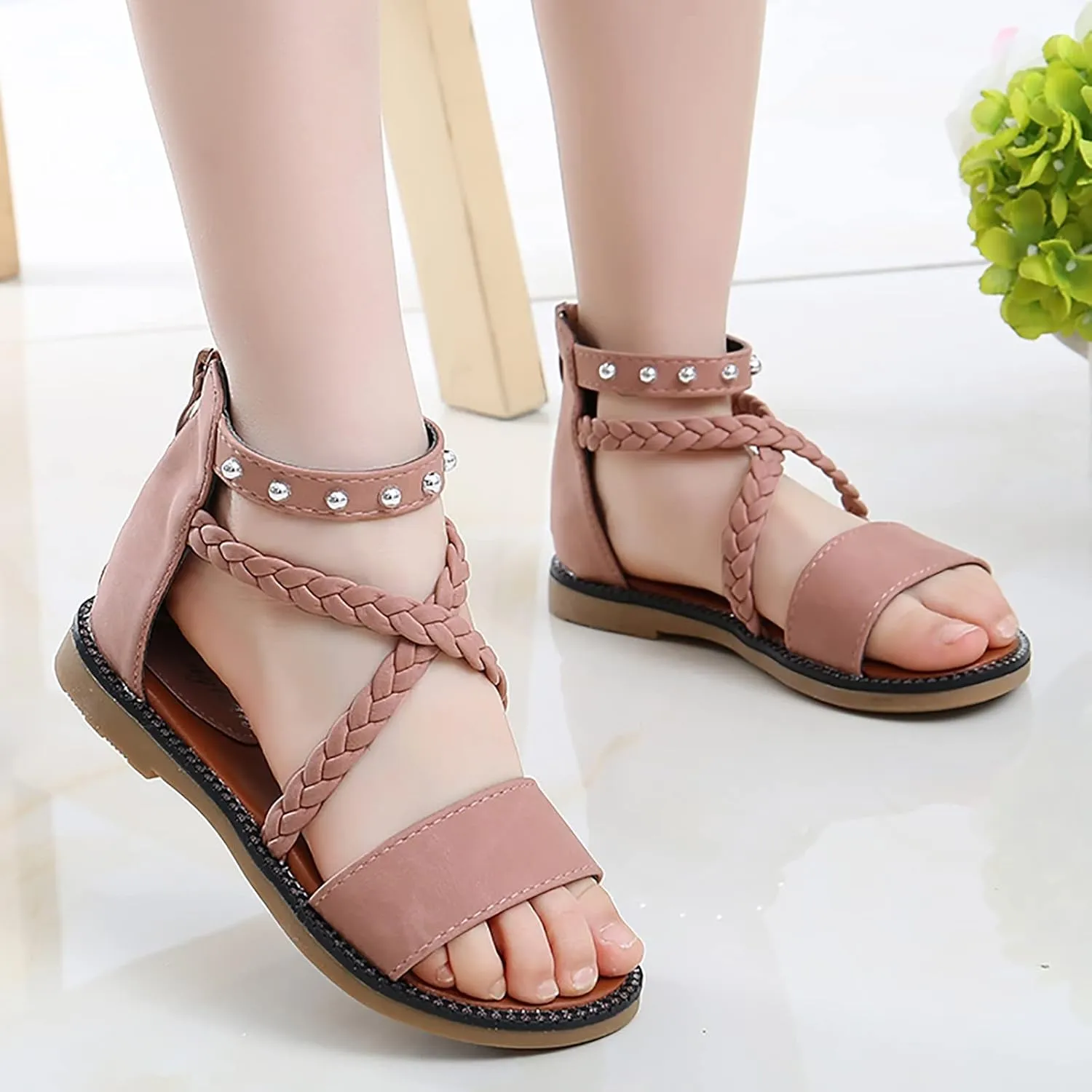 Kids Girls Vintage Roman Sandals Strappy High Top Soft Sole Beach Shoes Flat Open Toe Sandals Toddler Slippers