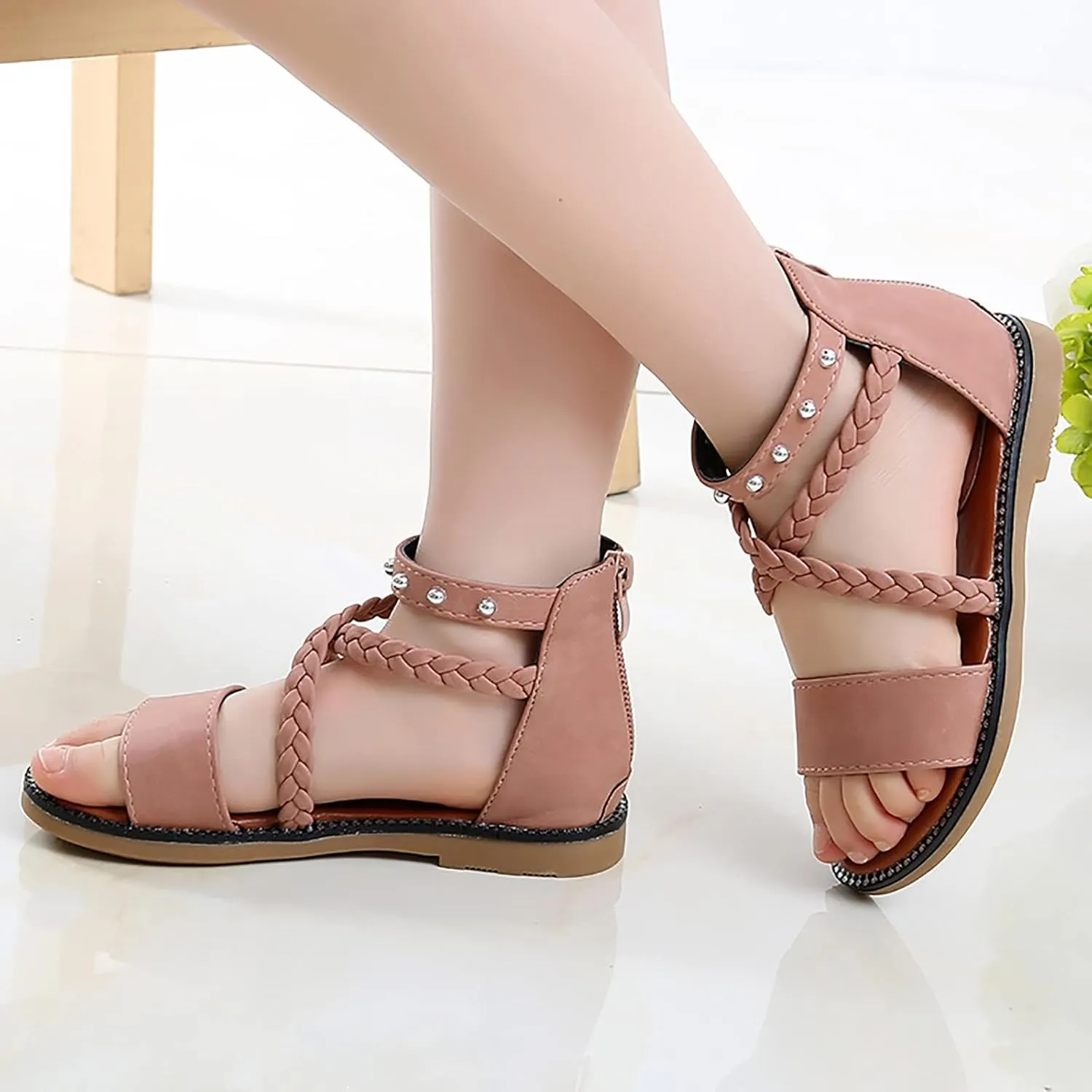 Kids Girls Vintage Roman Sandals Strappy High Top Soft Sole Beach Shoes Flat Open Toe Sandals Toddler Slippers