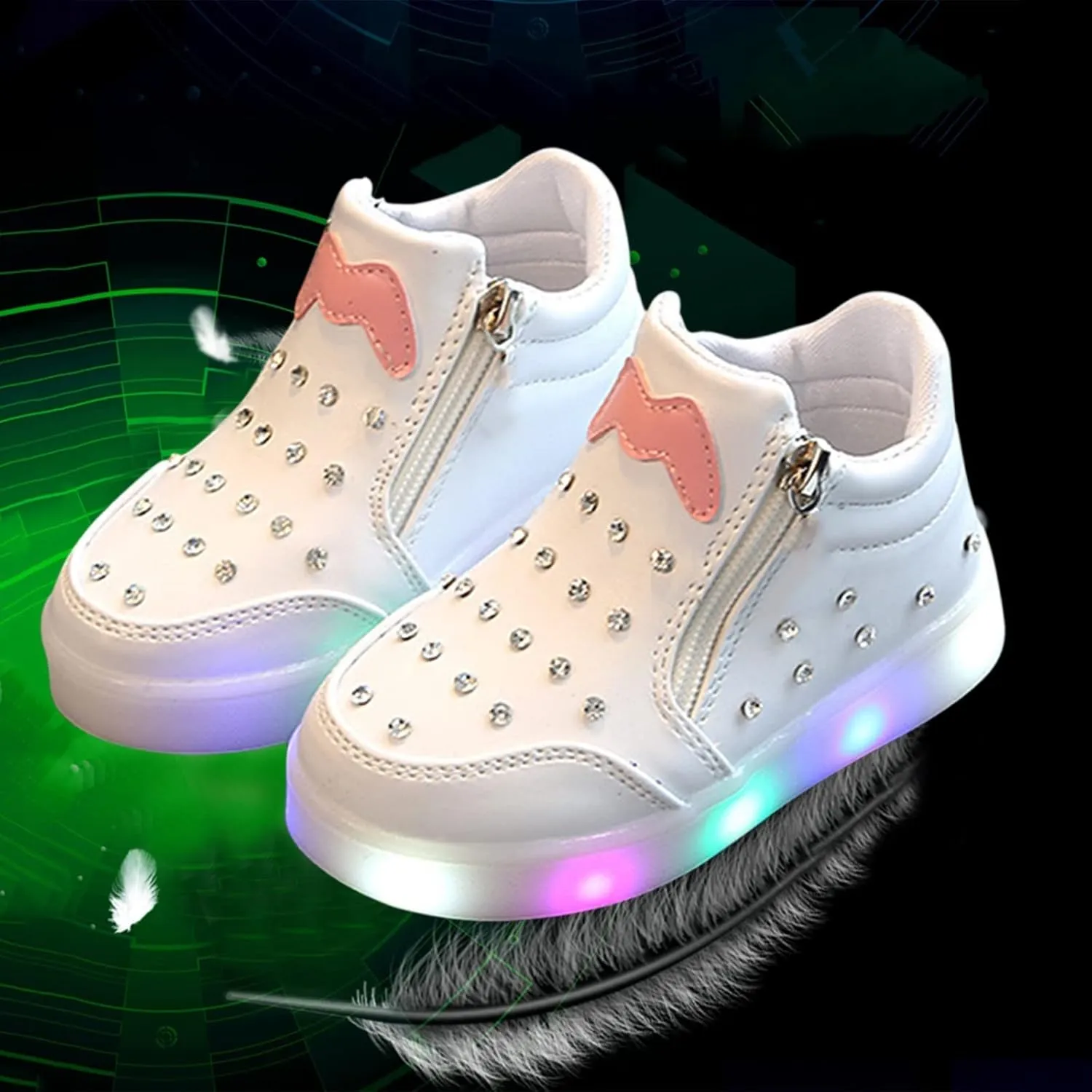Little Boys Girls Toddler LED Flashing Sneakers Leather Zipper Flat Short Boots Lightweight Sport Shoes for Kids