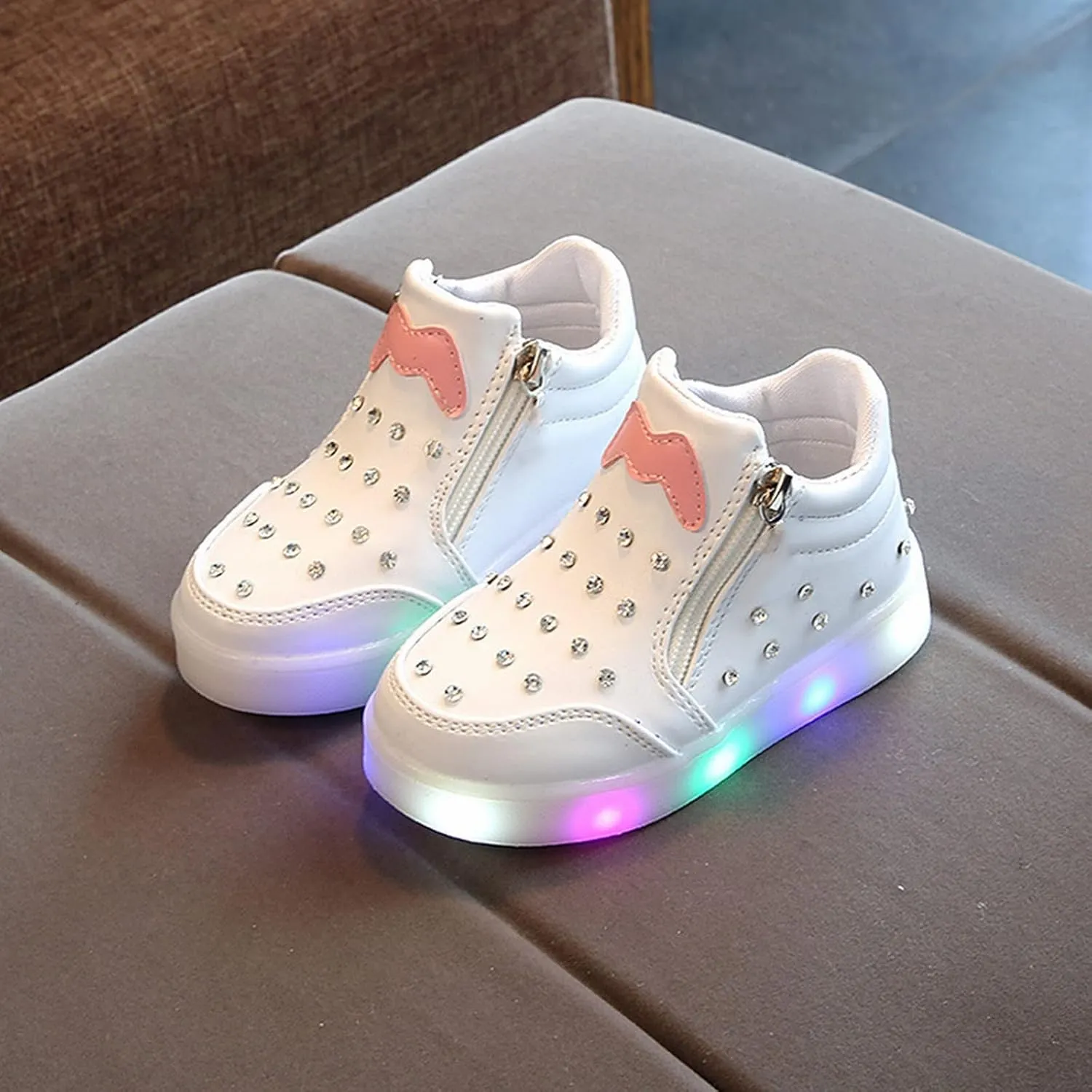 Little Boys Girls Toddler LED Flashing Sneakers Leather Zipper Flat Short Boots Lightweight Sport Shoes for Kids