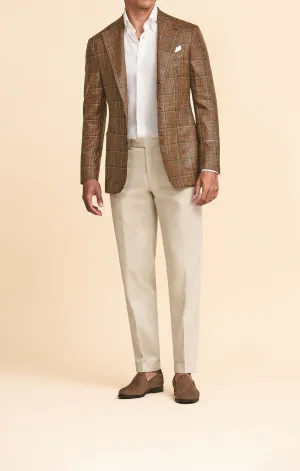 Loro Piana SUMMERTIME Chestnut Brown Merino Wool, Silk & Linen with Light Grey & Blue Windowpane