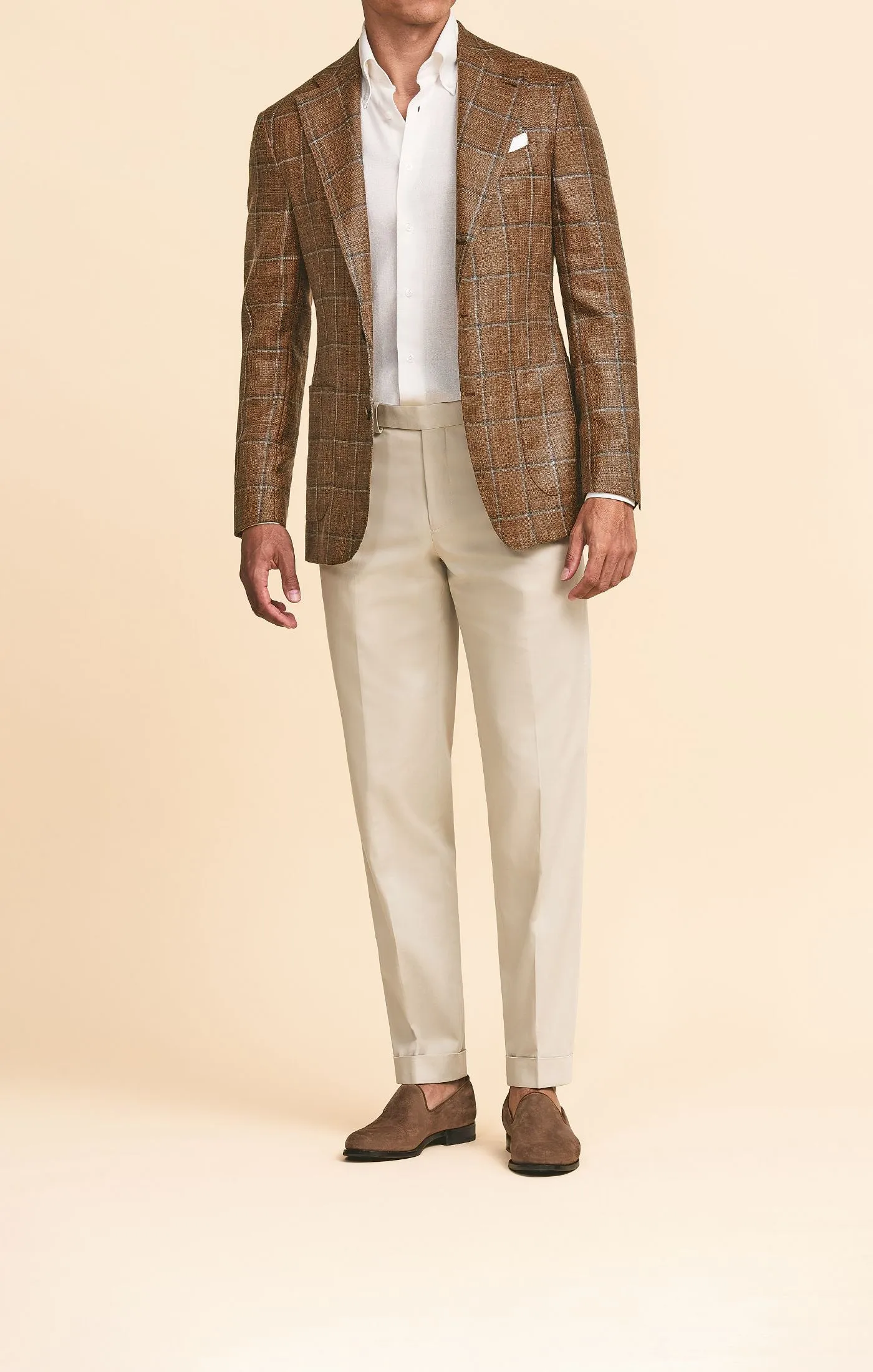 Loro Piana SUMMERTIME Chestnut Brown Merino Wool, Silk & Linen with Light Grey & Blue Windowpane