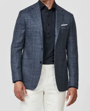 Loro Piana SUMMERTIME Slate Blue Wool, Silk & Linen With Navy Glencheck