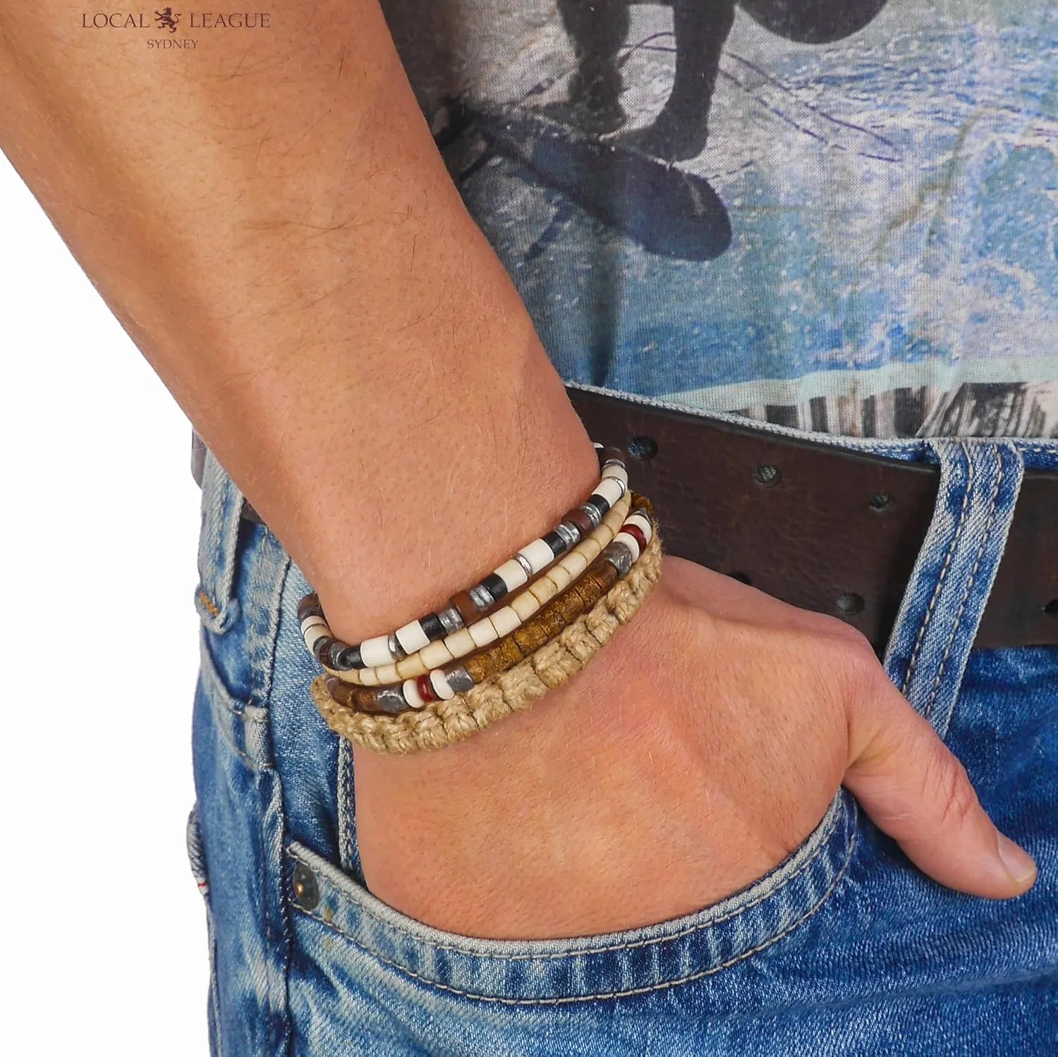 Mens Bead Bracelets, Beaded Bracelet Set of 3 - SURF CREW HAWAII - Adjustable Cord Surfer Leather Wristband for Men Wrap Holiday BEACH Party Clubbing Festival, for Boyfriend