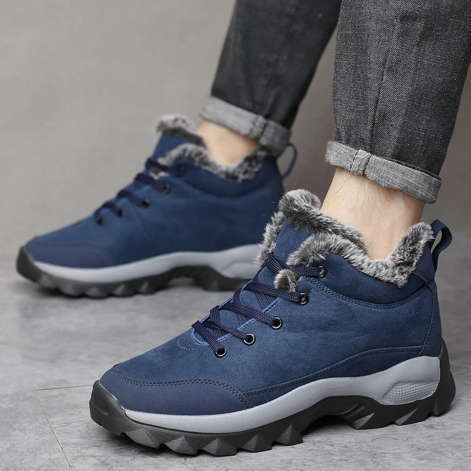 Mens Work Boots Slip On Hiking Sneakers Warm Fur Lined Women Workout Shoes Waterproof Winter Outdoor Botas Waterproof Non Slip Hike Grounded Footwear