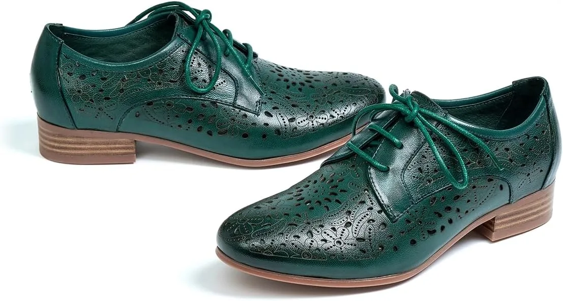 Mona flying Women's Leather Perforated Lace-up Oxfords Brogue Derby Shoes for Ladies