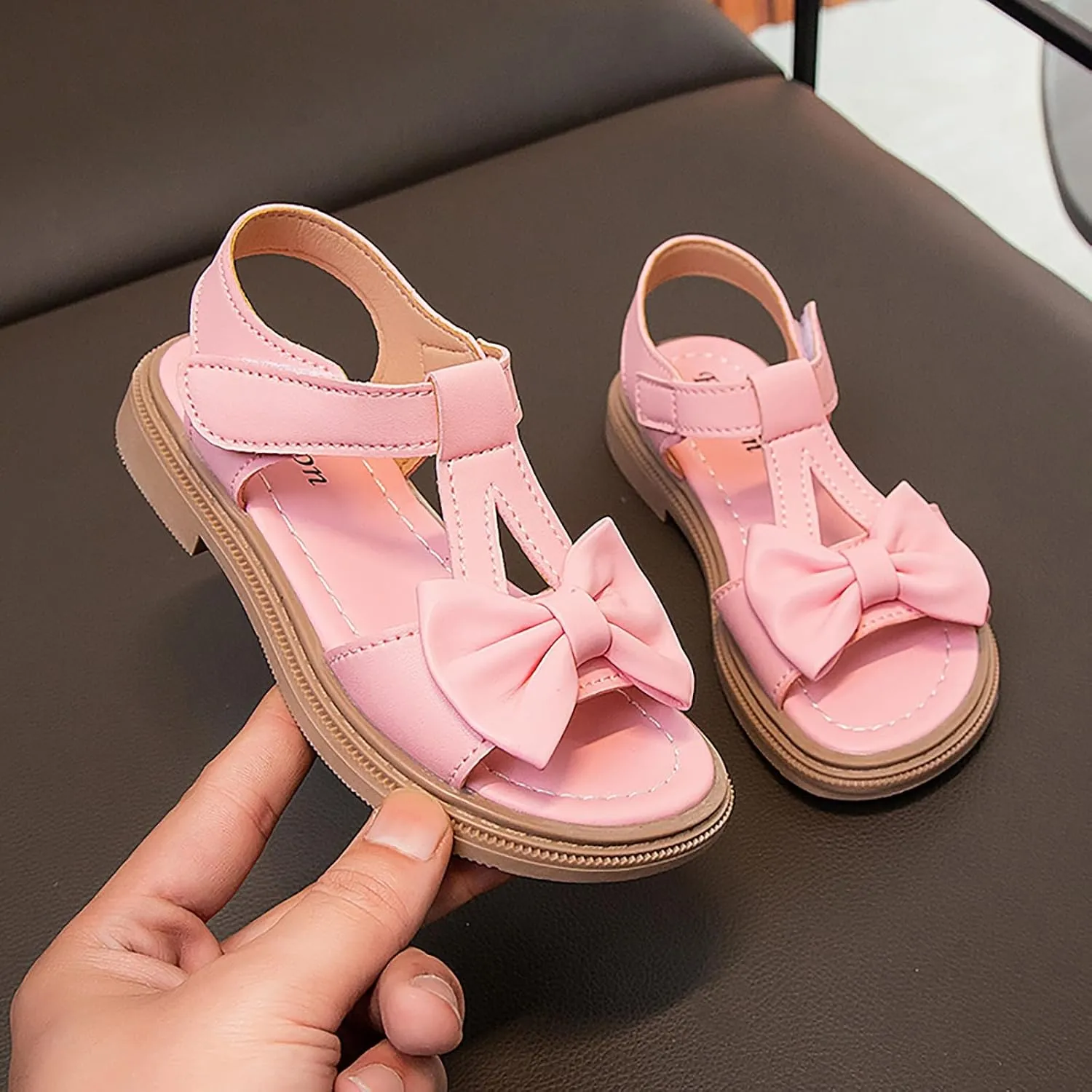 Open Toe Bowknot Sandals for Girls T Strap Flat Evening Dress Shoes Kids Soft Rubber Sole Birthday Party Shoes