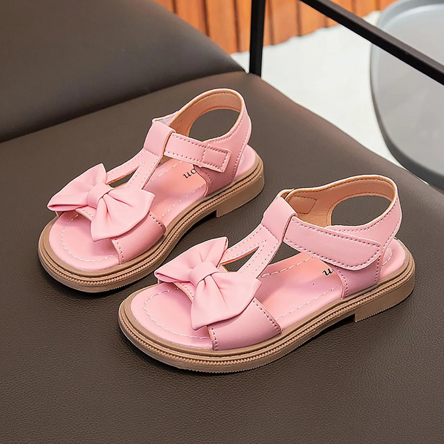Open Toe Bowknot Sandals for Girls T Strap Flat Evening Dress Shoes Kids Soft Rubber Sole Birthday Party Shoes