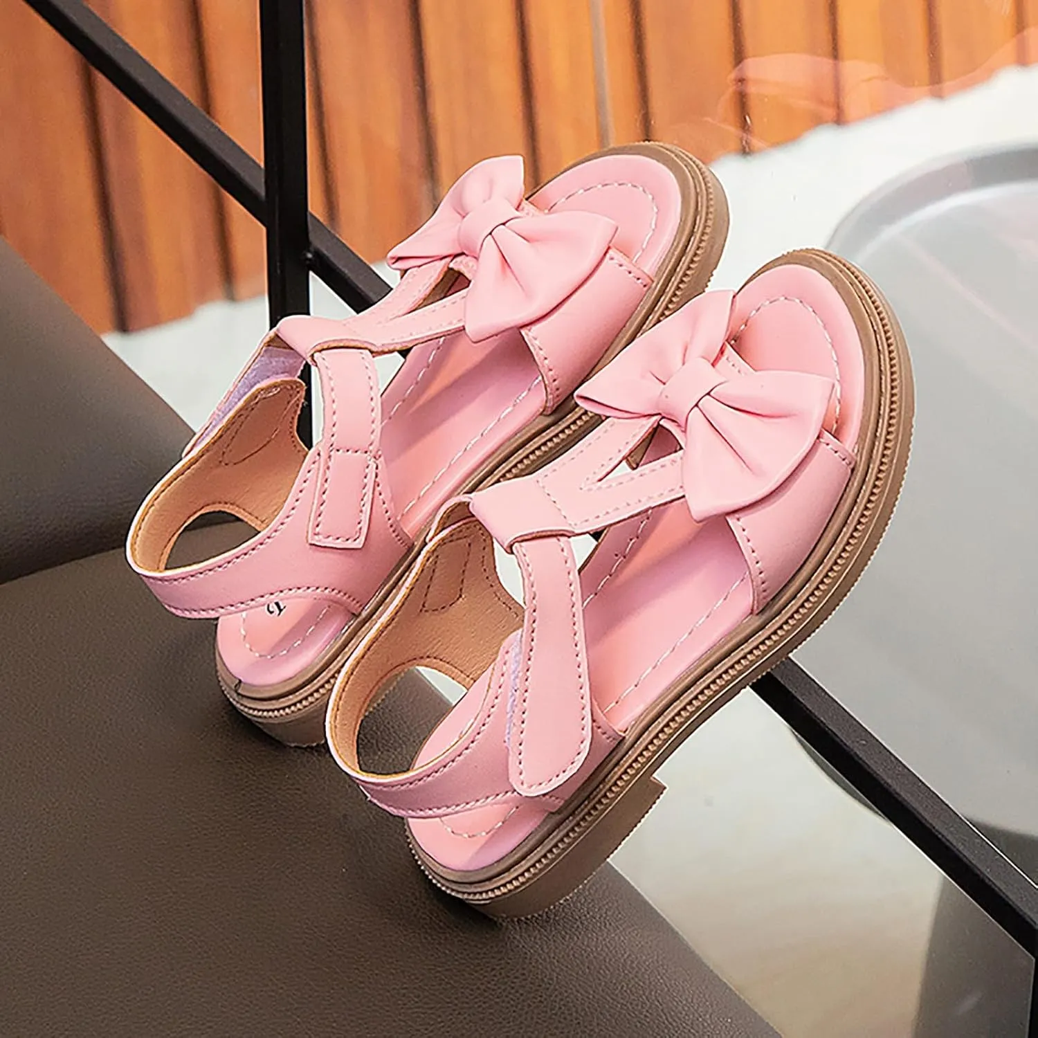 Open Toe Bowknot Sandals for Girls T Strap Flat Evening Dress Shoes Kids Soft Rubber Sole Birthday Party Shoes
