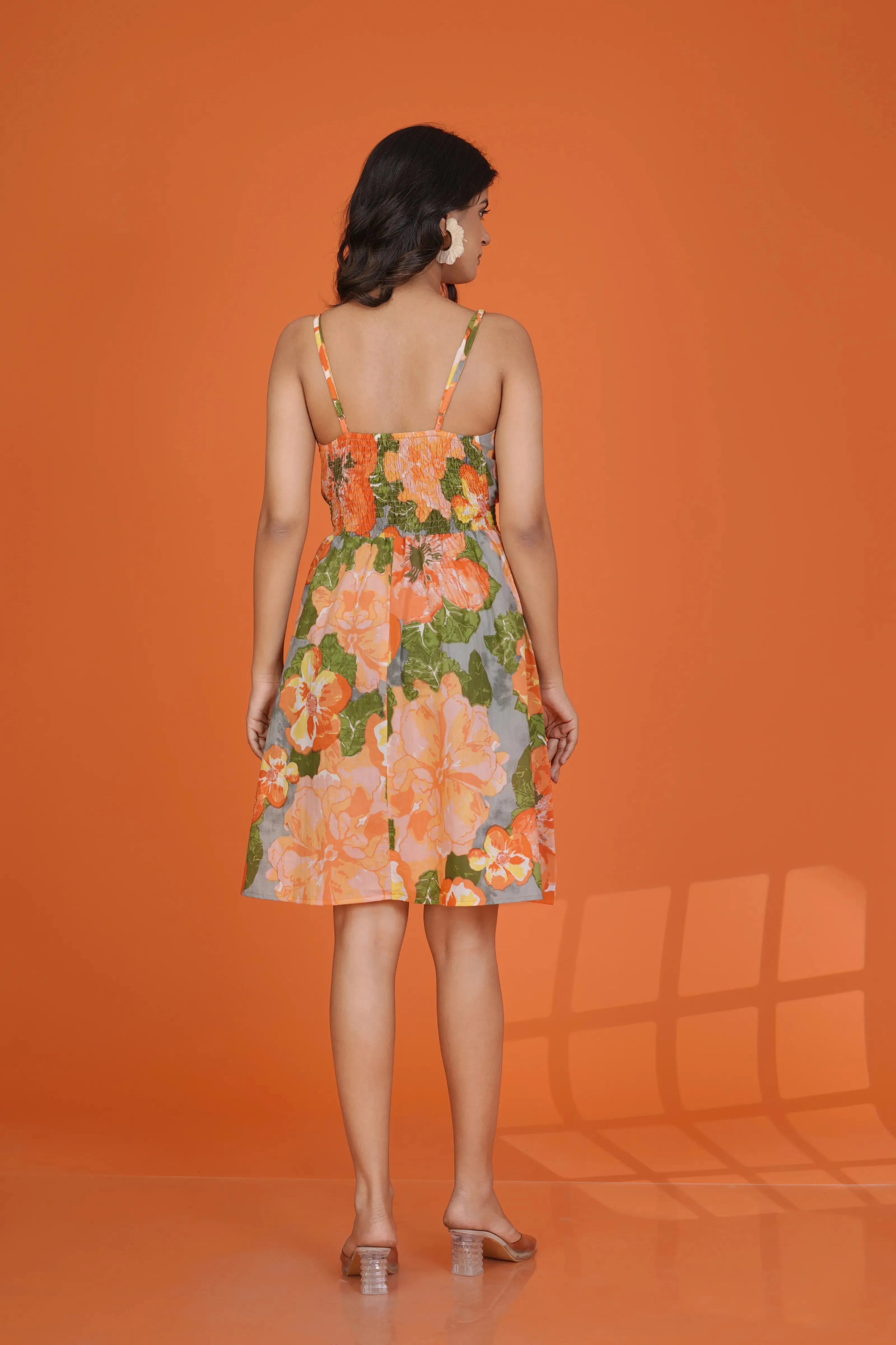Orange Strappy Bold Floral Mini Dress in Cotton Cambric