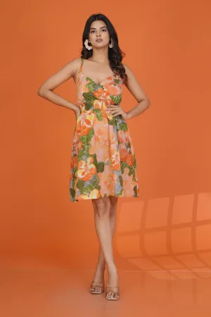 Orange Strappy Bold Floral Mini Dress in Cotton Cambric