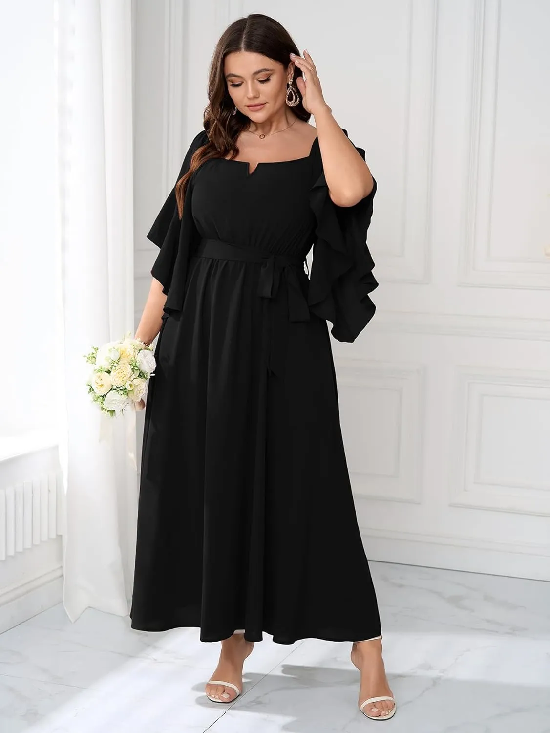 SCOMCHIC Women Plus Size Wedding Guest Maxi Dress Square Neck Ruffle 3/4 Sleeve Belted Slit A Line Formal Long Dresses