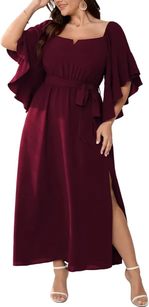 SCOMCHIC Women Plus Size Wedding Guest Maxi Dress Square Neck Ruffle 3/4 Sleeve Belted Slit A Line Formal Long Dresses