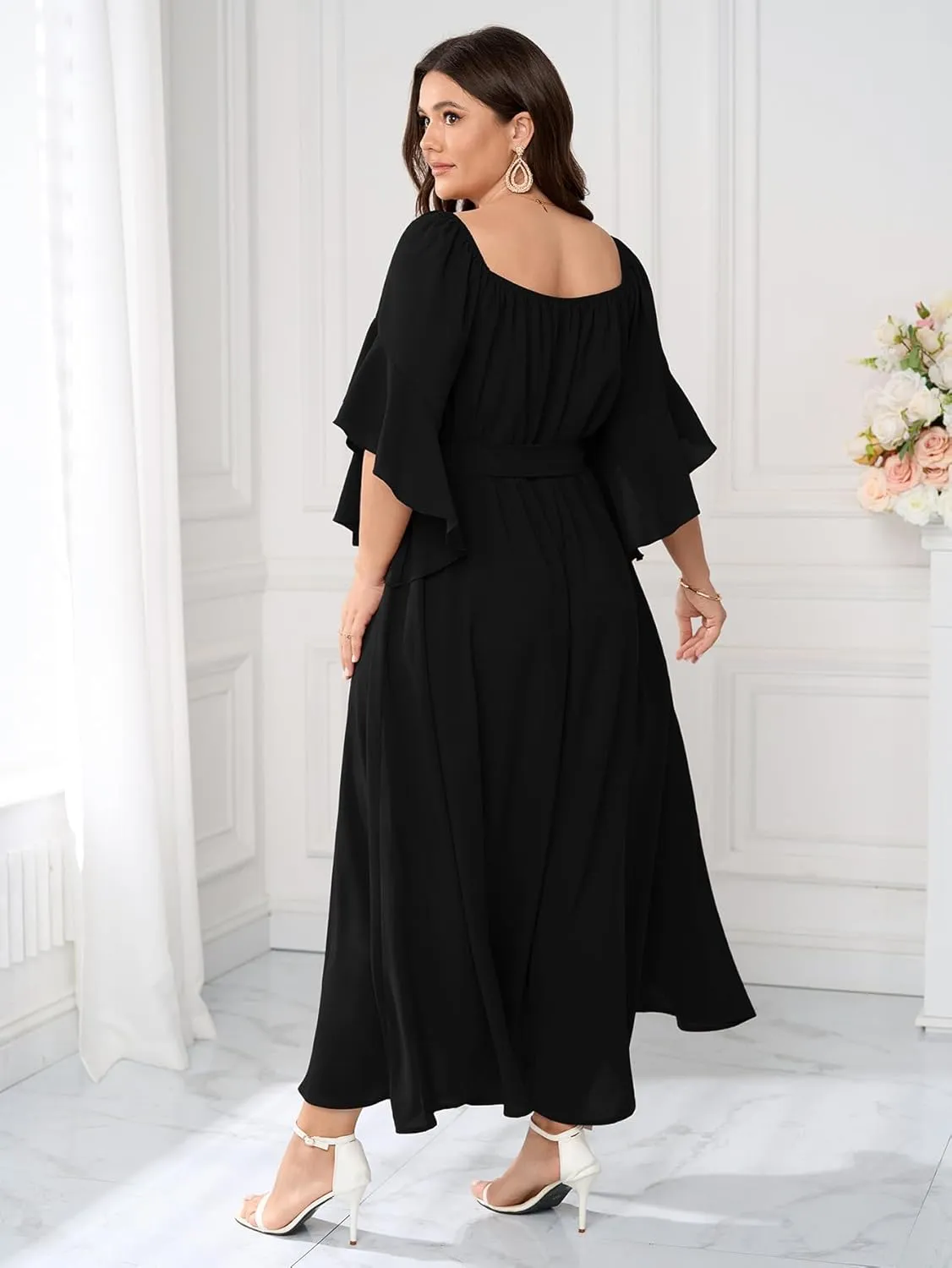 SCOMCHIC Women Plus Size Wedding Guest Maxi Dress Square Neck Ruffle 3/4 Sleeve Belted Slit A Line Formal Long Dresses