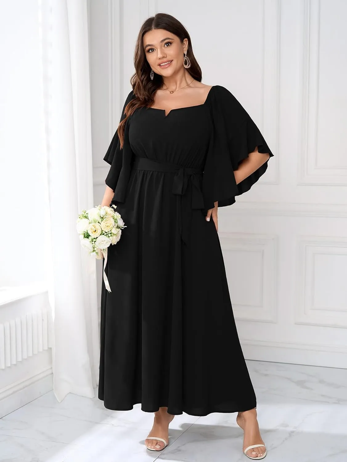 SCOMCHIC Women Plus Size Wedding Guest Maxi Dress Square Neck Ruffle 3/4 Sleeve Belted Slit A Line Formal Long Dresses