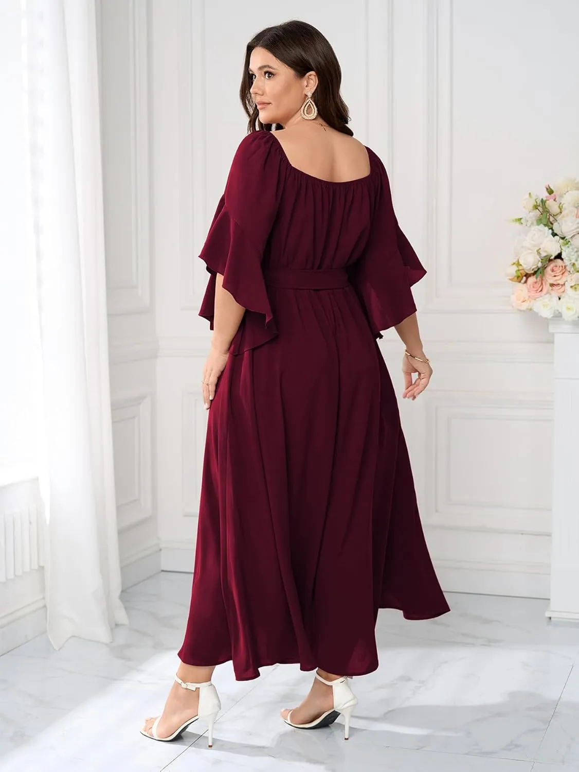 SCOMCHIC Women Plus Size Wedding Guest Maxi Dress Square Neck Ruffle 3/4 Sleeve Belted Slit A Line Formal Long Dresses