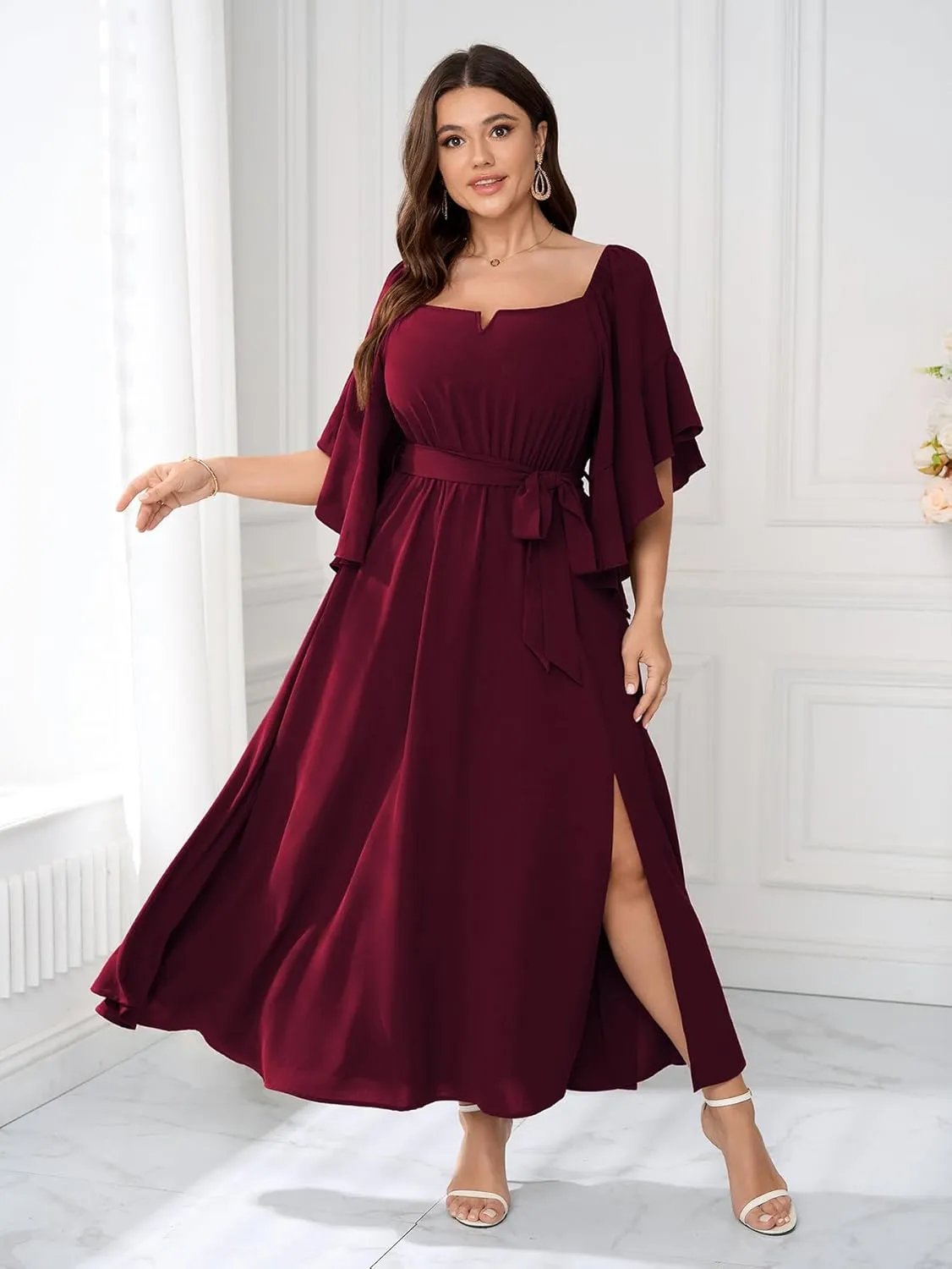 SCOMCHIC Women Plus Size Wedding Guest Maxi Dress Square Neck Ruffle 3/4 Sleeve Belted Slit A Line Formal Long Dresses