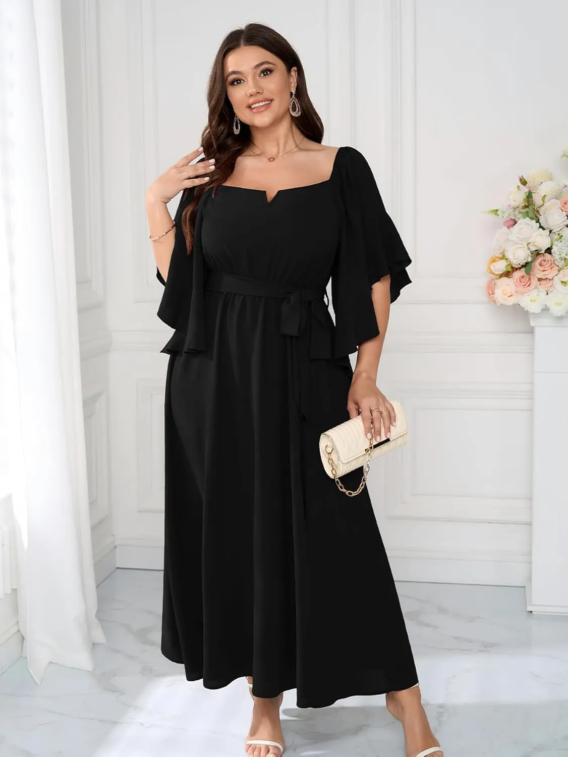 SCOMCHIC Women Plus Size Wedding Guest Maxi Dress Square Neck Ruffle 3/4 Sleeve Belted Slit A Line Formal Long Dresses