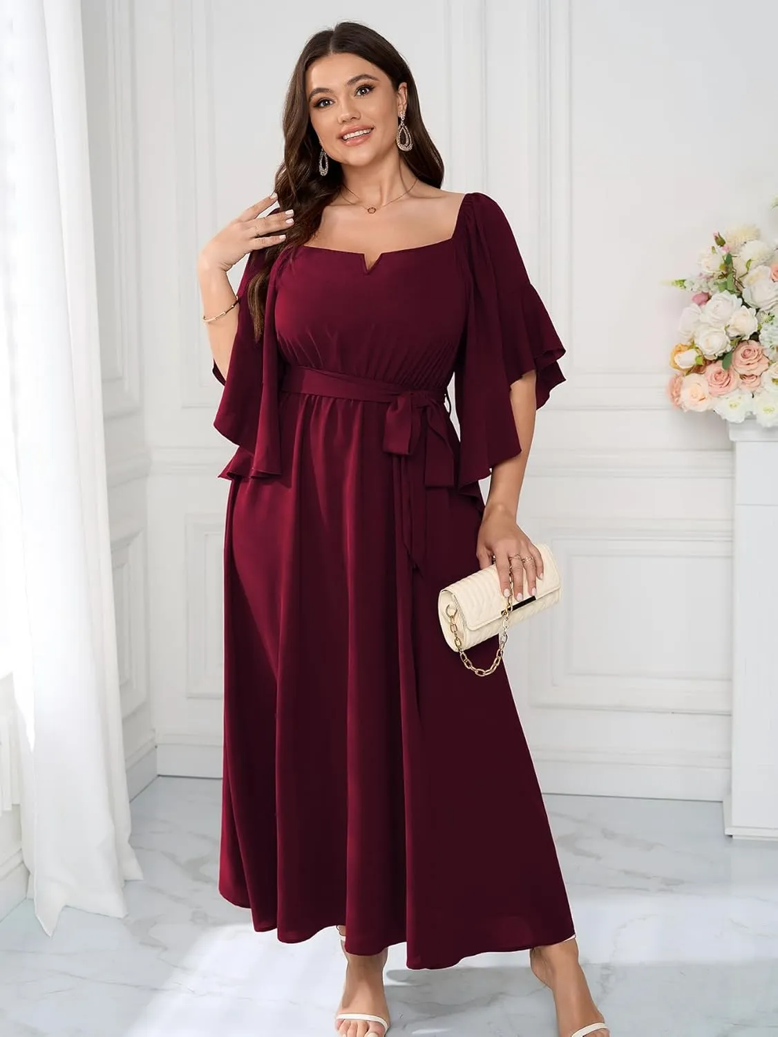 SCOMCHIC Women Plus Size Wedding Guest Maxi Dress Square Neck Ruffle 3/4 Sleeve Belted Slit A Line Formal Long Dresses