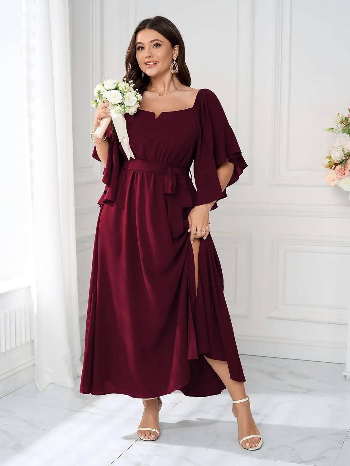 SCOMCHIC Women Plus Size Wedding Guest Maxi Dress Square Neck Ruffle 3/4 Sleeve Belted Slit A Line Formal Long Dresses