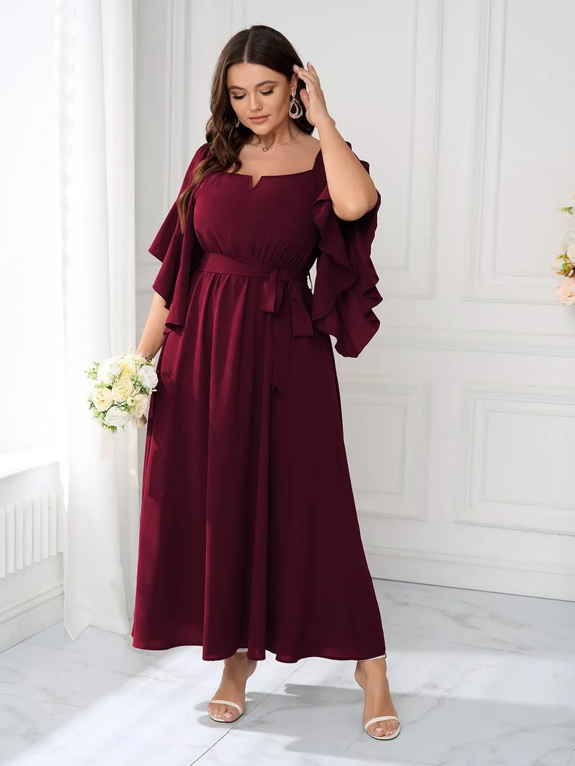 SCOMCHIC Women Plus Size Wedding Guest Maxi Dress Square Neck Ruffle 3/4 Sleeve Belted Slit A Line Formal Long Dresses