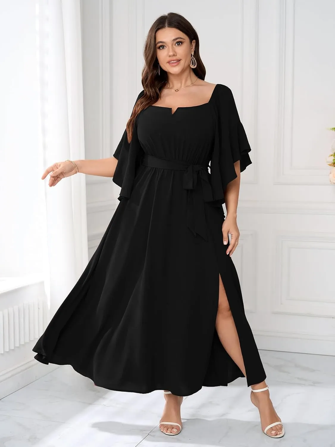 SCOMCHIC Women Plus Size Wedding Guest Maxi Dress Square Neck Ruffle 3/4 Sleeve Belted Slit A Line Formal Long Dresses