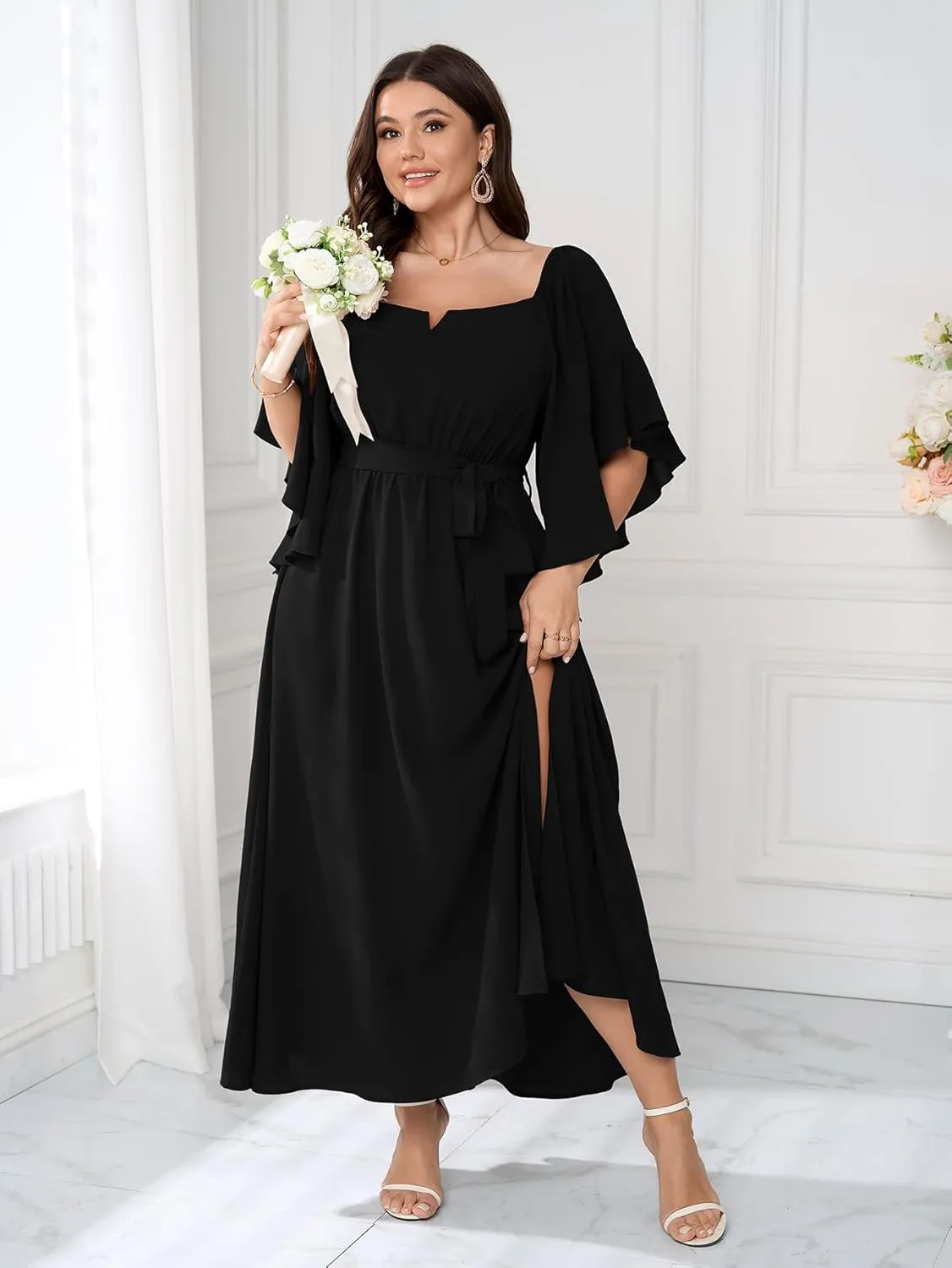 SCOMCHIC Women Plus Size Wedding Guest Maxi Dress Square Neck Ruffle 3/4 Sleeve Belted Slit A Line Formal Long Dresses