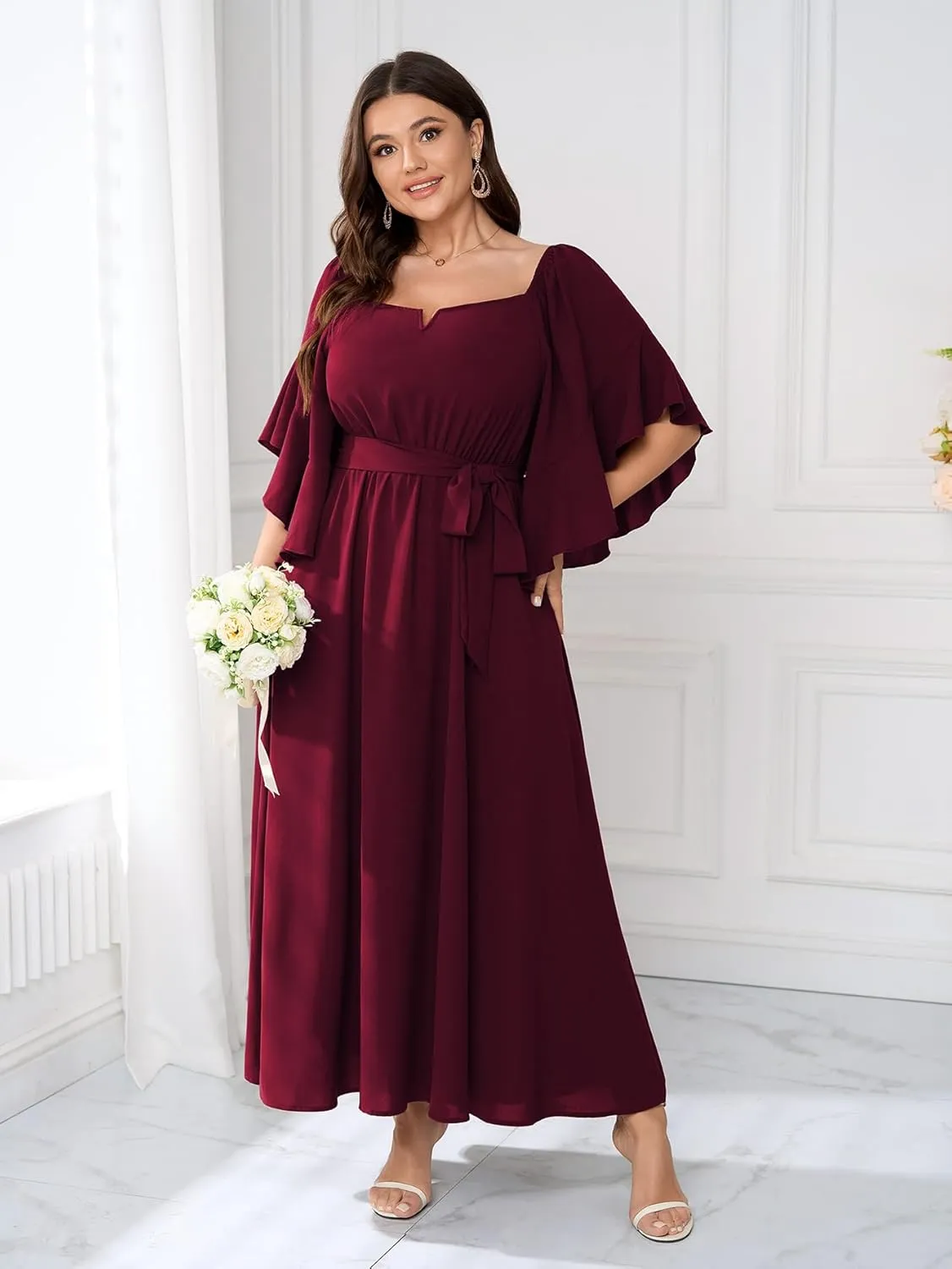 SCOMCHIC Women Plus Size Wedding Guest Maxi Dress Square Neck Ruffle 3/4 Sleeve Belted Slit A Line Formal Long Dresses
