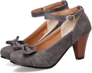 SHODENSE Women Kitten Heel Bow Pumps with Ankle Strap Round Closed Toe Dress Sandals High Chunky Block Heel Nubuck Suede Mary Jane Lolita Shoes Bowknot Dressy Office Work Wedding Party Dance 4-15 M US