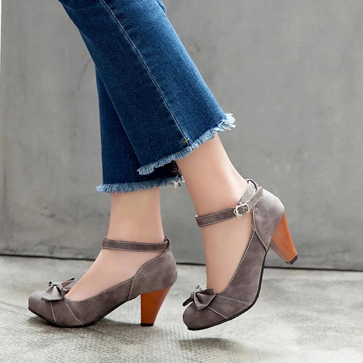 SHODENSE Women Kitten Heel Bow Pumps with Ankle Strap Round Closed Toe Dress Sandals High Chunky Block Heel Nubuck Suede Mary Jane Lolita Shoes Bowknot Dressy Office Work Wedding Party Dance 4-15 M US