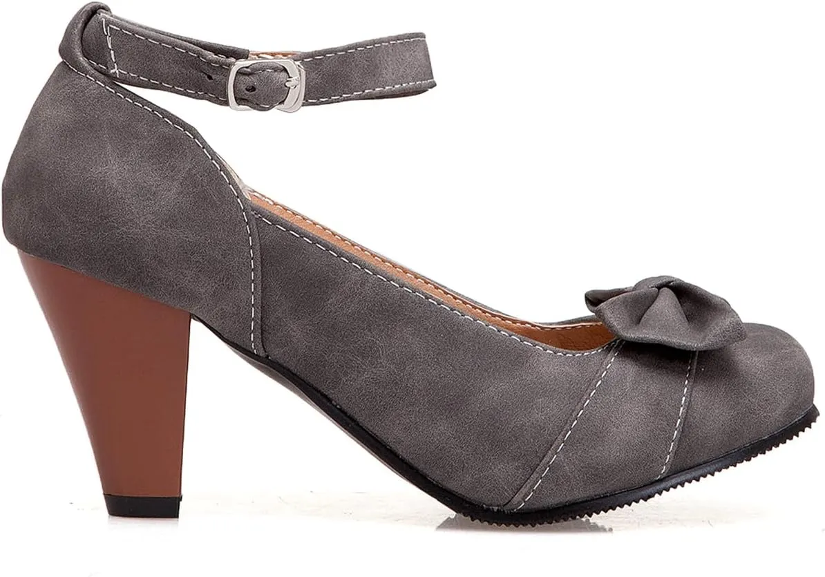 SHODENSE Women Kitten Heel Bow Pumps with Ankle Strap Round Closed Toe Dress Sandals High Chunky Block Heel Nubuck Suede Mary Jane Lolita Shoes Bowknot Dressy Office Work Wedding Party Dance 4-15 M US