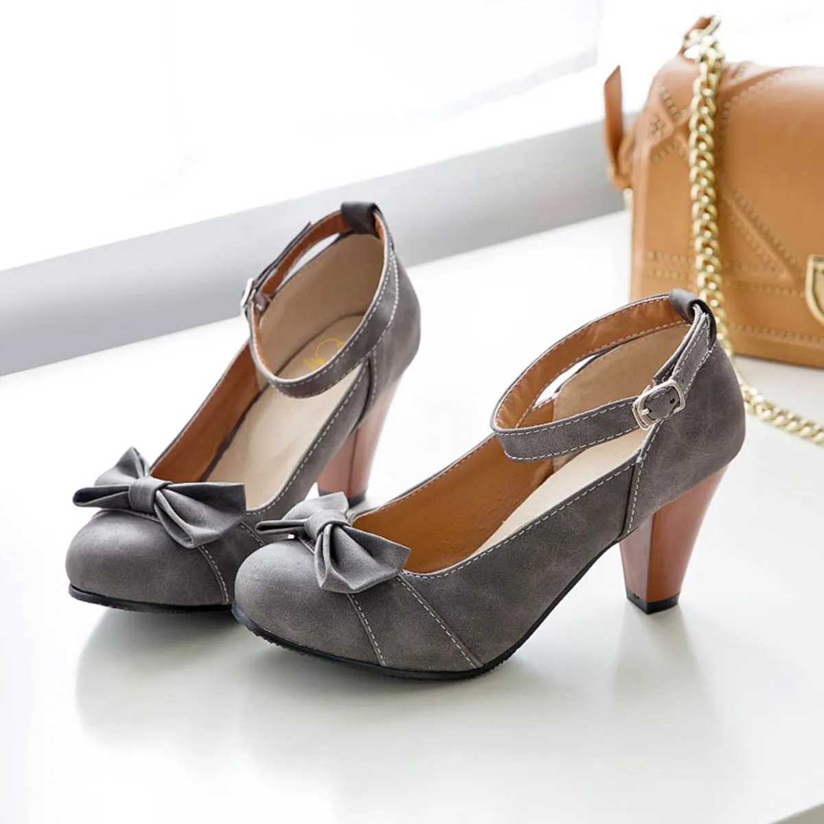 SHODENSE Women Kitten Heel Bow Pumps with Ankle Strap Round Closed Toe Dress Sandals High Chunky Block Heel Nubuck Suede Mary Jane Lolita Shoes Bowknot Dressy Office Work Wedding Party Dance 4-15 M US