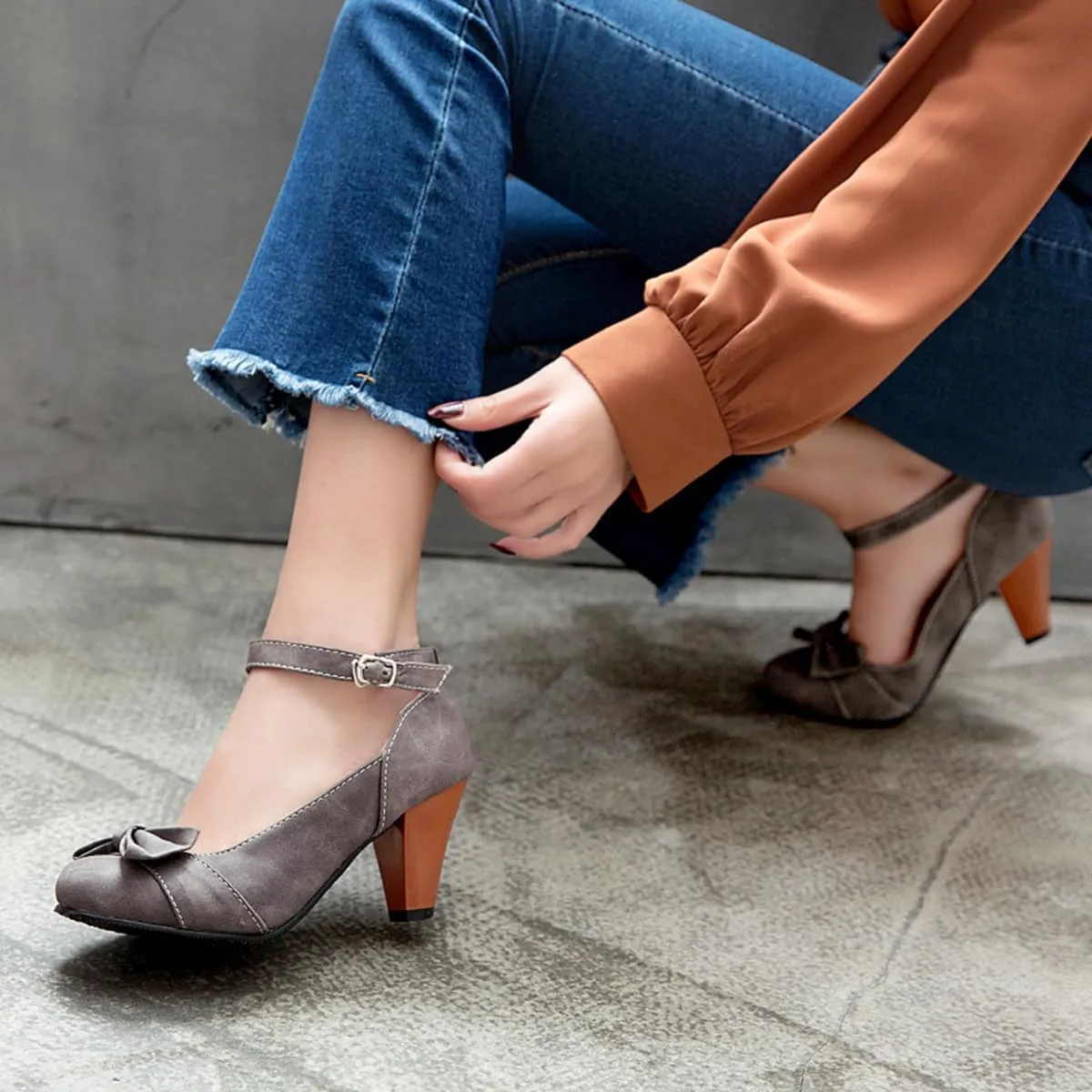 SHODENSE Women Kitten Heel Bow Pumps with Ankle Strap Round Closed Toe Dress Sandals High Chunky Block Heel Nubuck Suede Mary Jane Lolita Shoes Bowknot Dressy Office Work Wedding Party Dance 4-15 M US