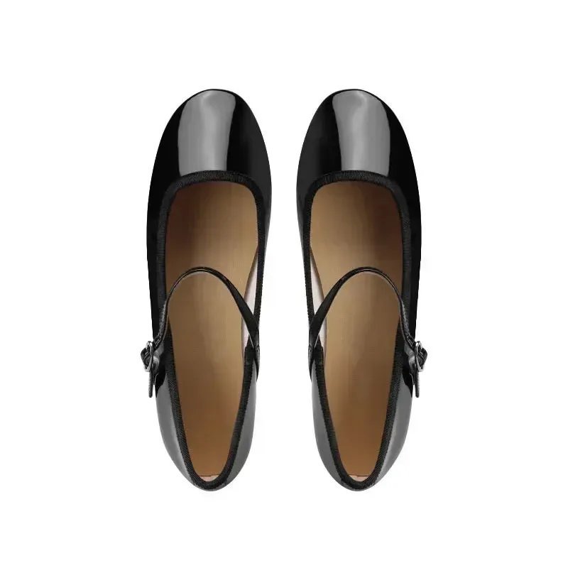 Sohiwoo Japanned Leather Ballets Woman Belt Strap Lolita Flats French Mary Jeans Femme Shallow Loafers Shoes Women Moccasins