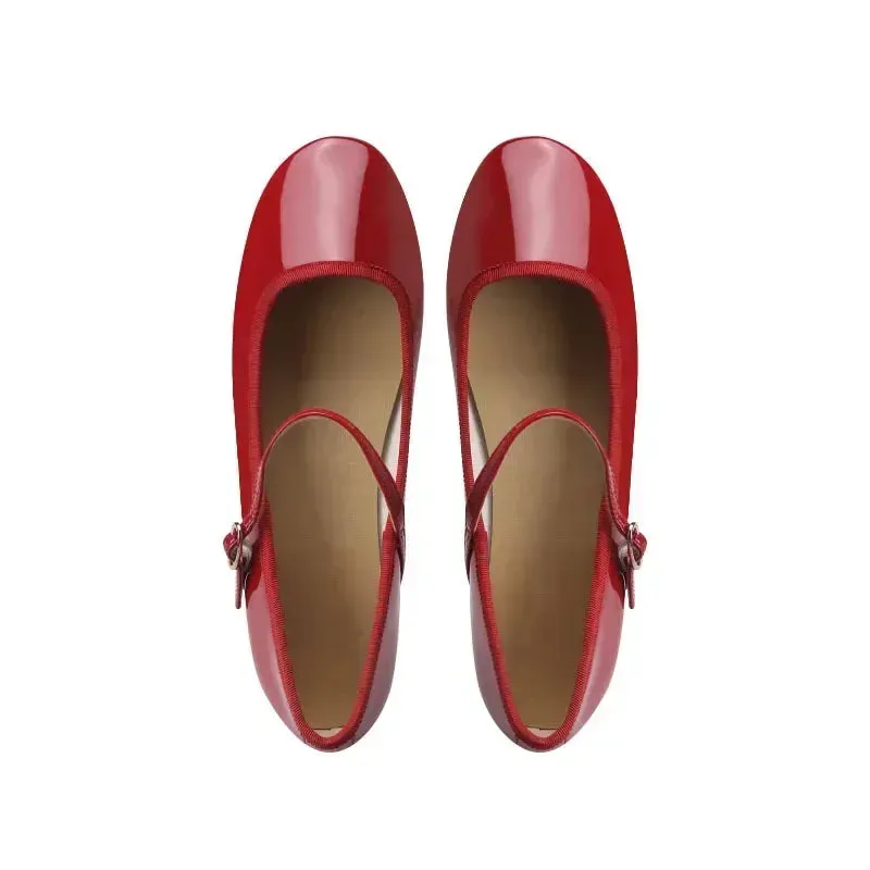 Sohiwoo Japanned Leather Ballets Woman Belt Strap Lolita Flats French Mary Jeans Femme Shallow Loafers Shoes Women Moccasins