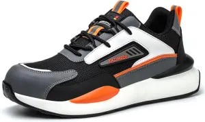 Steel Toe Sneakers for Men,Casual Lightweight Steel Toe Work Boots for Men,Comfortable Breathable Safety Shoes for Men,Anti-Puncture Slip-Resistant Outsole (Color : Orange, Size : 9)